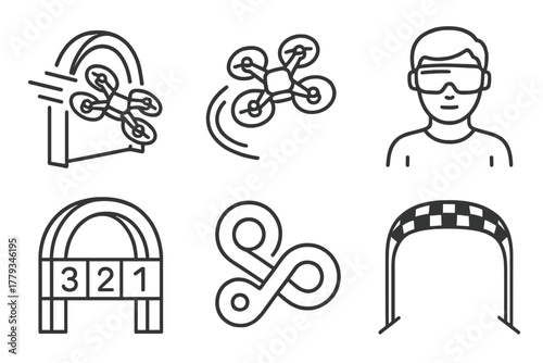 Drone Racing Icons. Line style icons of drone racing: quadcopter speeding through gate, drone in mid-turn, racer with goggles,