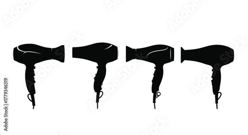 Hair dryer silhouettes in a row isolated on white background