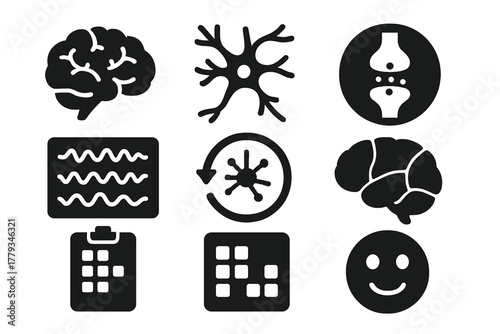 Neural Icons Collection. Solid style icons of brain and neuro simulations: neuron model icon, synapse activity badge, brainwave