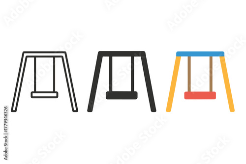 Minimalist Swing Set Icons. Minimalist swing set icon: three identical swing sets in a row, first in line style with thin outline,