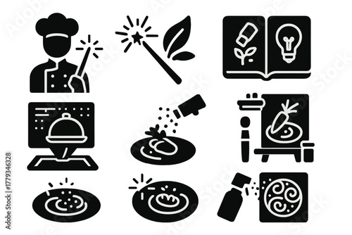 Culinary Innovation Icons. Solid style icons of culinary creativity: chef with light wand, flavor + beam combo, glowing sketchpad.