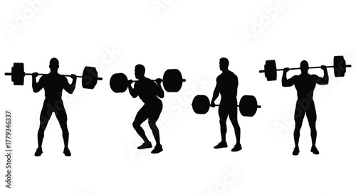 Weightlifter silhouettes in a row isolated on white background