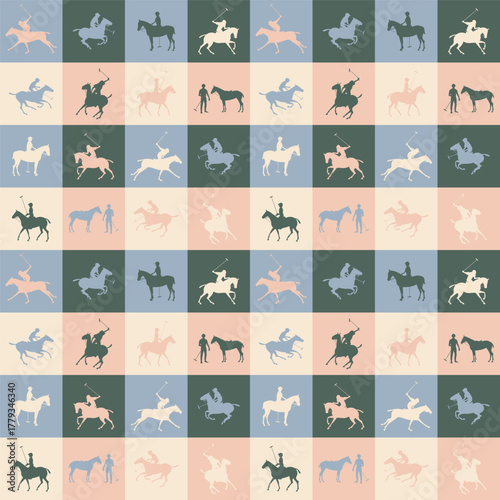 Seamless checkered pattern with polo silhouettes of horses, riders, and players