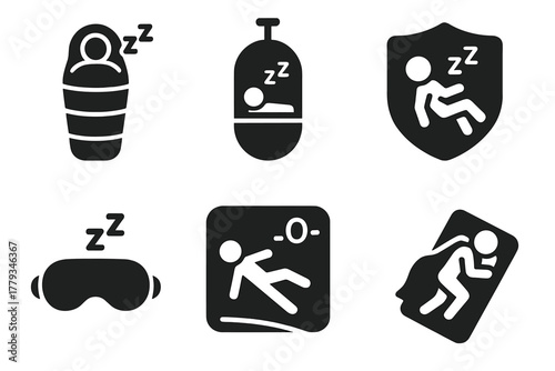 Microgravity Sleep Icons. Solid style icons of sleeping in microgravity: sleep sack glyph, ceiling pod icon, comfort badge. Eye