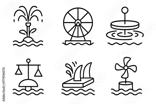 Water-Activated Sculpture Icons. Line style icons of water-activated sculptures: fountain motion spinner, water wheel armature,