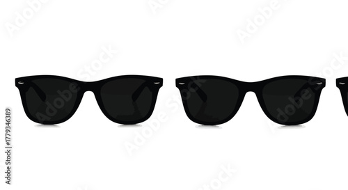 Four pairs of black sunglasses in a row isolated on white background