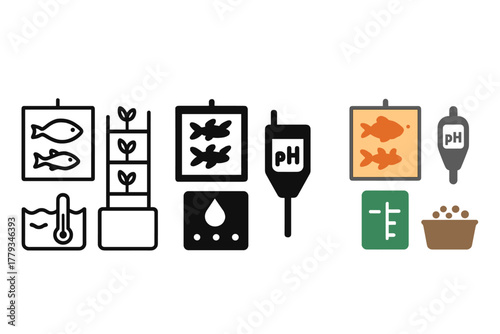 Aquaponics Icon Designs. Linear minimalistic sustainable aquaponics icon: fish types chart, grow racks, water level gauge,