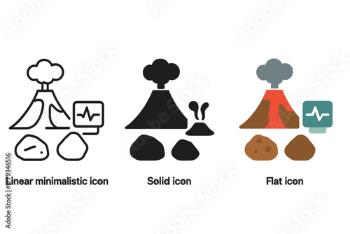 Volcanology Icon Designs. Linear minimalistic volcanology icon: lava flow, volcanic cone, ash cloud, seismic monitor, gas vent,