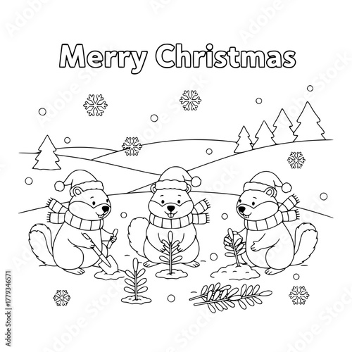Gophers planting Christmas saplings with “Merry Christmas,” coloring book page for toddlers Generative AI
