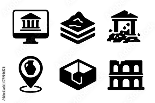 Disaster Archaeology Icons. Line style icons of Disaster Archaeology: digital reconstruction screen, 3D terrain model, site damage