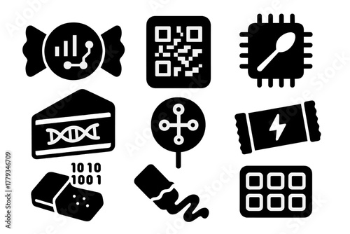 Edible Tech Icons. Solid style icons of edible tech: data-infused candy, QR snack code, flavor sensor chip. DNA dessert pattern,
