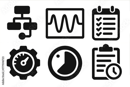 Pneumatic Therapy Icons. Solid style icons of pneumatic therapy protocols: program flow chart, pressure wave graph, session