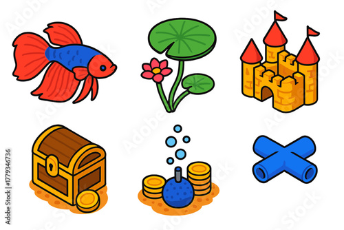 Aquarium Life Icons. Isometric vector illustration set Aquarium life – betta fish, lotus leaf, lily pad stem; decorative castle,