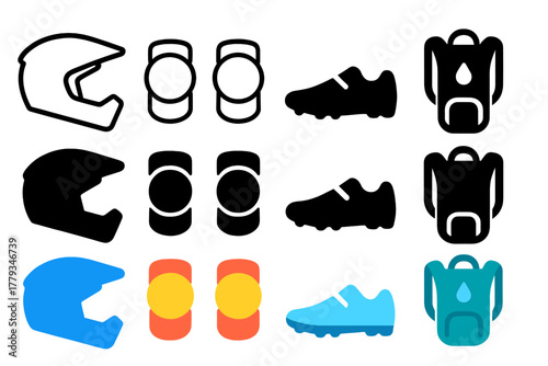 Biking Gear Icons. Linear minimalistic biking gear icon: full-face helmet, knee pads, elbow pads, cycling shoes, hydration pack,