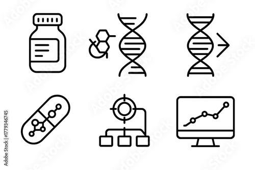 Epigenetic Therapy Icons. Line style icons of epigenetic therapy: demethylating agent bottle, histone deacetylase inhibitor,