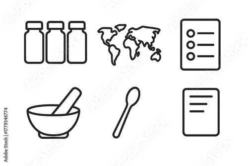 Cooking Spices Icons. Linear minimalistic cooking spices icon: spice jars, origin map, pairing chart, mortar and pestle, spice