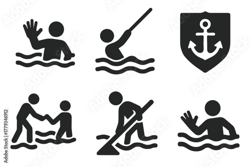 Quicksand Rescue Icons. Solid style icons of rescue techniques in quicksand: outstretched hand glyph, rope pull icon, anchor badge