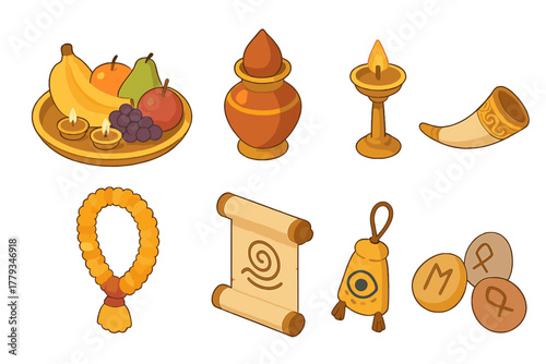 Cultural Ritual Elements. Isometric vector illustration set of Cultural rituals: offering plate with fruit, traditional oil pot,