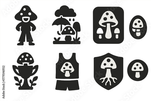 Fungi Apparel Icons. Solid style icons of themed living apparel sets: festival shroom set icon, rainwear fungi badge, garden party
