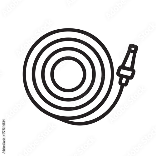 Coiled garden hose with nozzle simple black and white line drawing