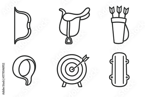 Horseback Archery Icons. Line style icons of horseback archery equipment: traditional recurve bow, horse archery saddle, quiver