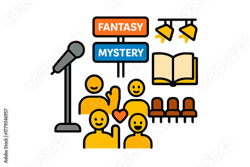 Storytelling Icon Collection. Linear minimalistic interactive storytelling icon: mic stand, genre boards, audience reactions, open