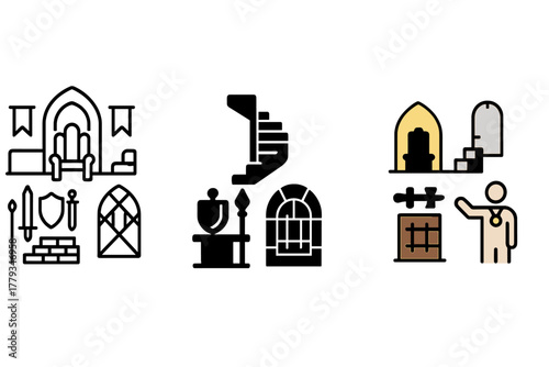 Castle Interior Icons. Linear minimalistic castle interior icon: throne hall, spiral staircase, armory display, dungeon cell,