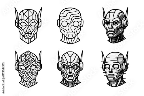 Robotic Tattoo Icons. Line style icons of robotic tattoo styles: geometric pattern fill, abstract line trace, mechanical shaded