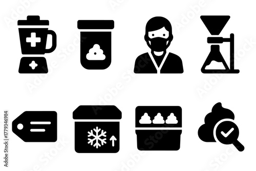 Donor Stool Preparation Icons. Solid style icons of donor stool preparation: sterile blender, sample container, lab technician.