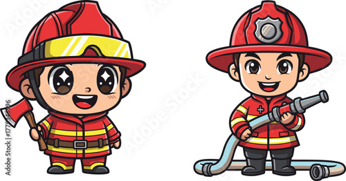 Cute cartoon firefighters in red uniforms holding hose and axe, brave emergency heroes illustration, fire safety rescue concept