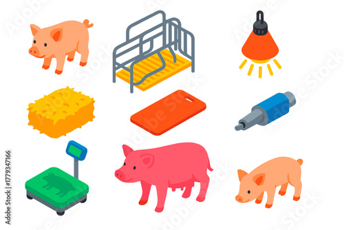 Bright Farm Animals. Isometric vector illustration set Farm animals – piglet, farrowing crate, heat lamp; straw mattress, pig