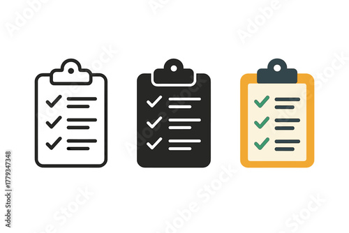 Safety Checklist Icons. Minimalist safety check icon: three identical safety checklists in a row, first in line style with thin