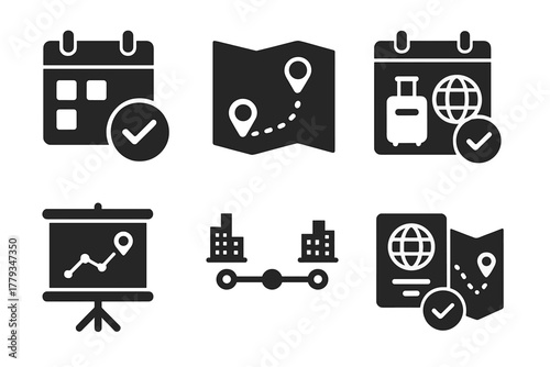Long-Stay Travel Icons. Solid style icons of long-stay travel planning: planner with approval icon, monthly map route,