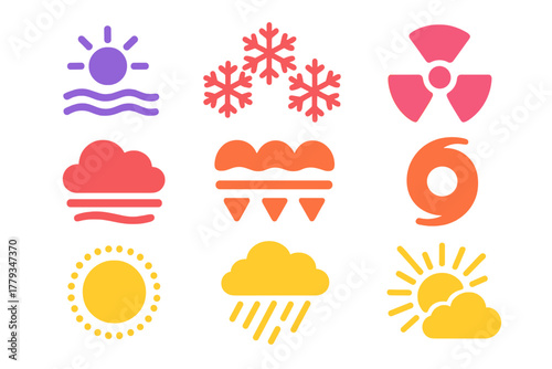 Spectral Weather Icons. Solid style icons of light spectrum weather visuals: ultraviolet mist, infrared snowflakes, gamma heat