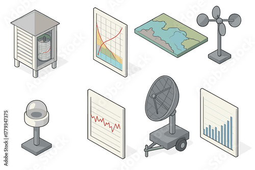 Meteorology Tools Illustration. Isometric vector illustration set of Meteorology tools: field cloud recorder, thermal stability