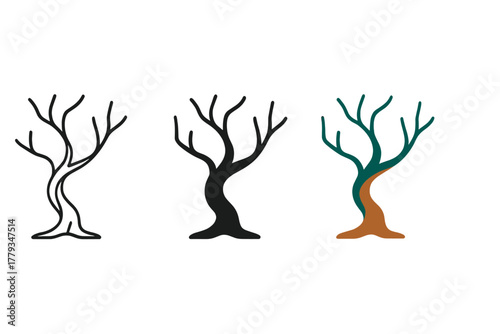 Minimalist Eerie Trees. Minimalist eerie tree icon: three identical twisted trees in a row, first in line style with thin outline,