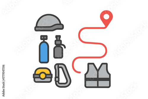 Cave Exploration Icons. Linear minimalistic cave tour icon: route rope, helmet, oxygen cylinder, headlamp, safety vest, carabiner,