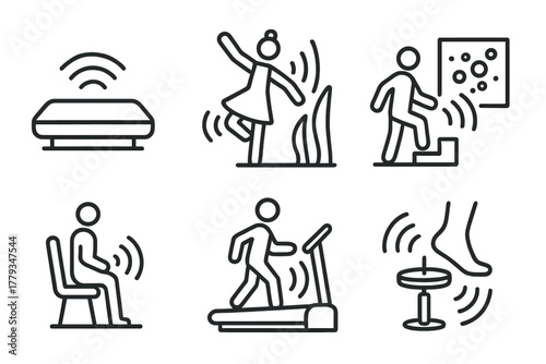 Sound and Motion Icons. Line style icons of sound and motion fusion: moving platform tones, dancer-activated sculpture,