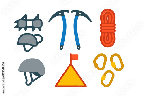 Winter Climbing Gear Icons. Linear minimalistic winter mountain climb icon: crampons, ice axes, rope coil, helmet, summit marker,
