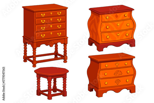 Antique Furniture Icons. Isometric vector illustration set Antique furniture – William & Mary highboy, bulbous drawers, flame