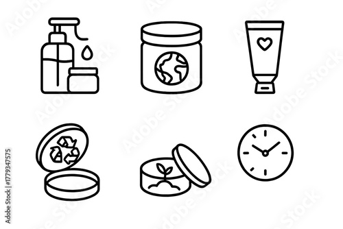 Sustainable Beauty Icons. Line style icons of sustainable genderless beauty: refill station icon, jar with planet symbol, no-waste