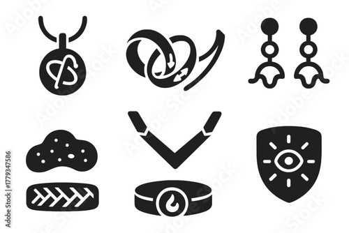 Wearable Quantum Art. Solid style icons of wearable quantum art: qubit-inspired pendant, entangled ring pair, superposition