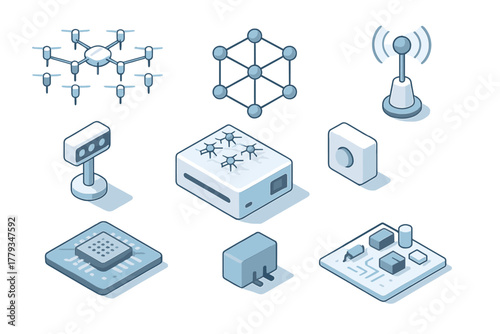 Swarm Robotics Illustration. Isometric vector illustration set Robotics and AI – Swarm robotics: micro-UAV swarm, mesh network