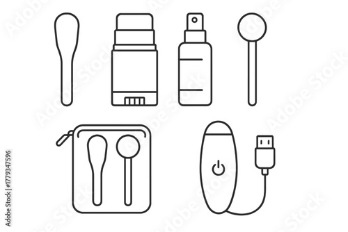Portable Cryo Kit Icons. Line style icons of portable cryo facial kits: handheld cold wand, on-the-go gel stick, travel size mist