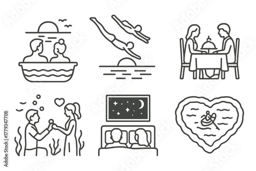 Couples' Romantic Experiences. Line style icons of couples’ experiences: romantic bath with sea view, sunset dive for two, private