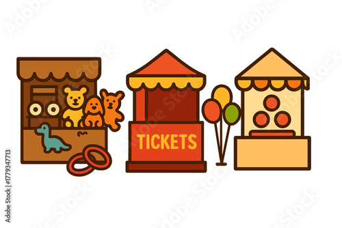 Carnival Icon Set. Linear minimalistic carnival setup icon: prize rack, ticket booth, game stand, balloons, tossing rings, stuffed