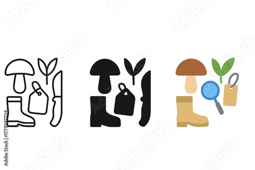 Forager's Essentials Icon Set. Linear minimalistic wild plant icon: edible mushroom, leafy plant, forager’s knife, magnifying