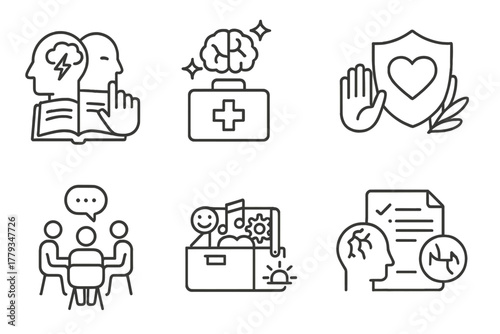 Disaster Trauma Icons. Line style icons of disaster psychology and trauma support: stress management guide, psychological first