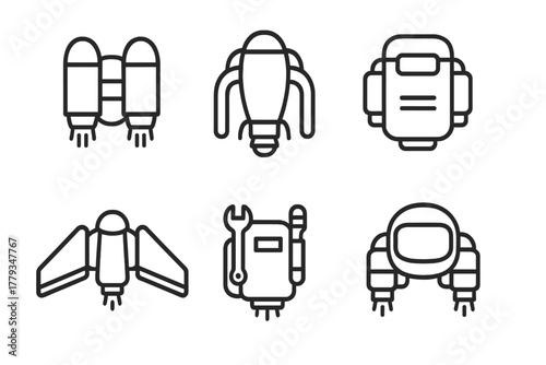 Jetpack Icon Designs. Line style icons of jetpack designs: dual-engine jetpack, single-nozzle design, compact urban model,