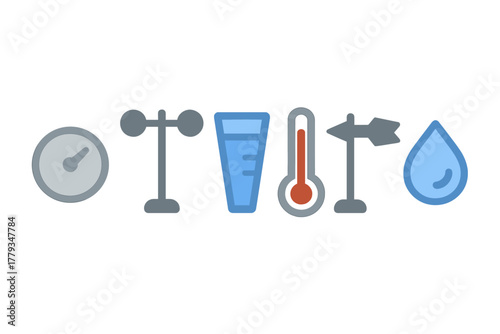 Weather Instruments Icons. Linear minimalistic weather instruments icon: barometer, anemometer, rain gauge, thermometer, wind vane